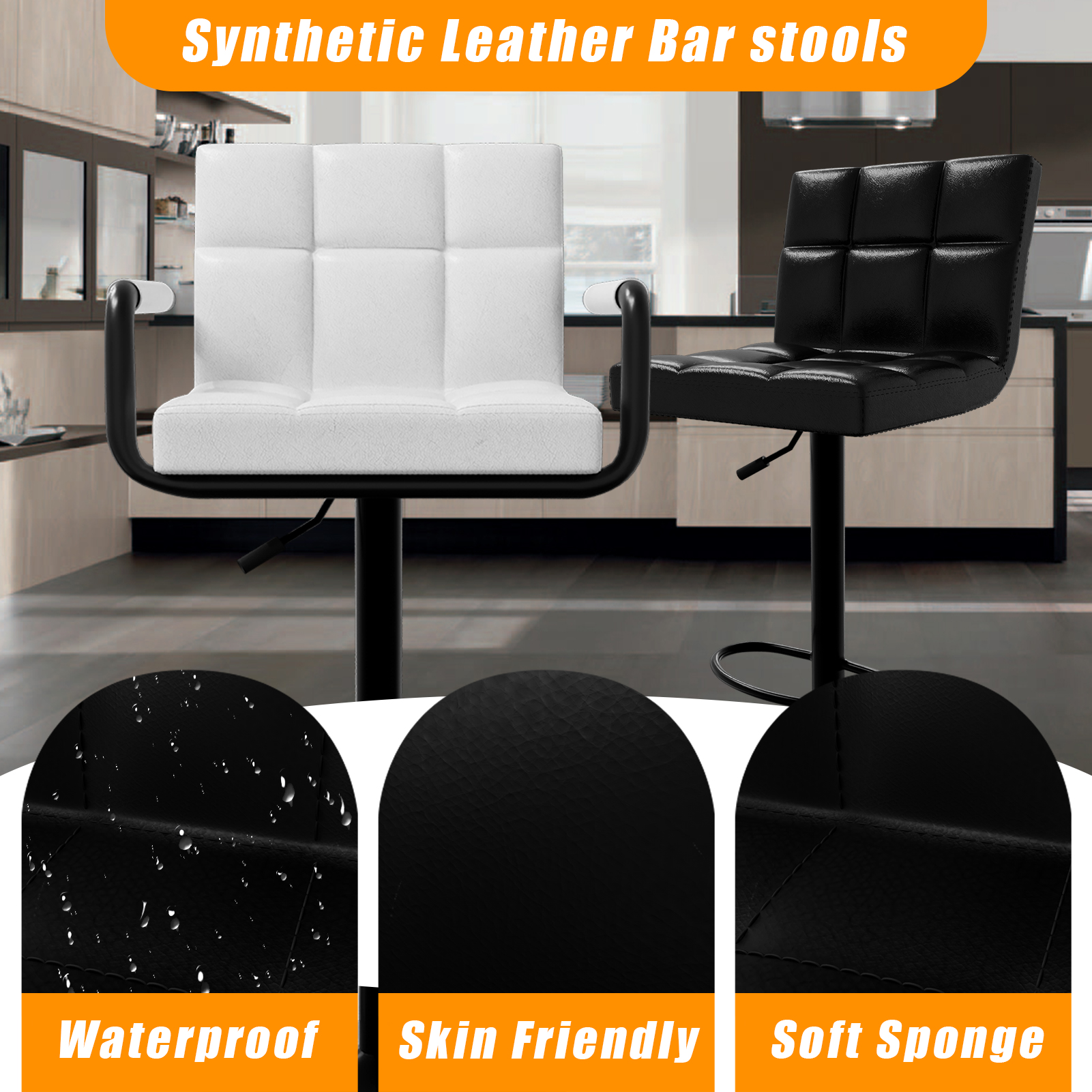 Barhocker 2er Set, Modern PU-Leather Adjustable Swivel Barstuhl, Armrest Hydraulische Küche Counter Extra Höhe Küchenhocker