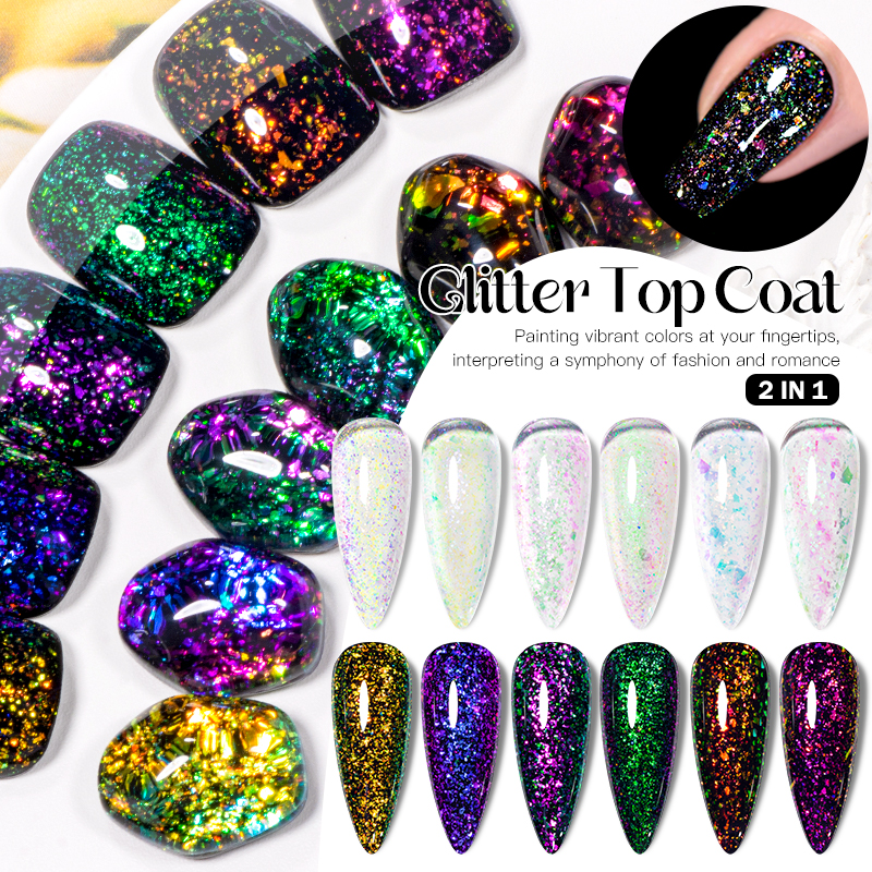 MEET ACROSS 7ml Color oscuro brillo capa superior Gel para uñas brocado en polvo 2 en 1 camaleón Nail Art Gel barniz manicura