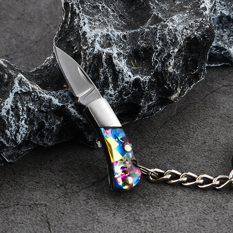 5cm Acrylic Mini Folding Knife Pendant Brass Wood Keychains Sharp Small Blade Portable Hanging Outdoor Camping Unboxing Knife