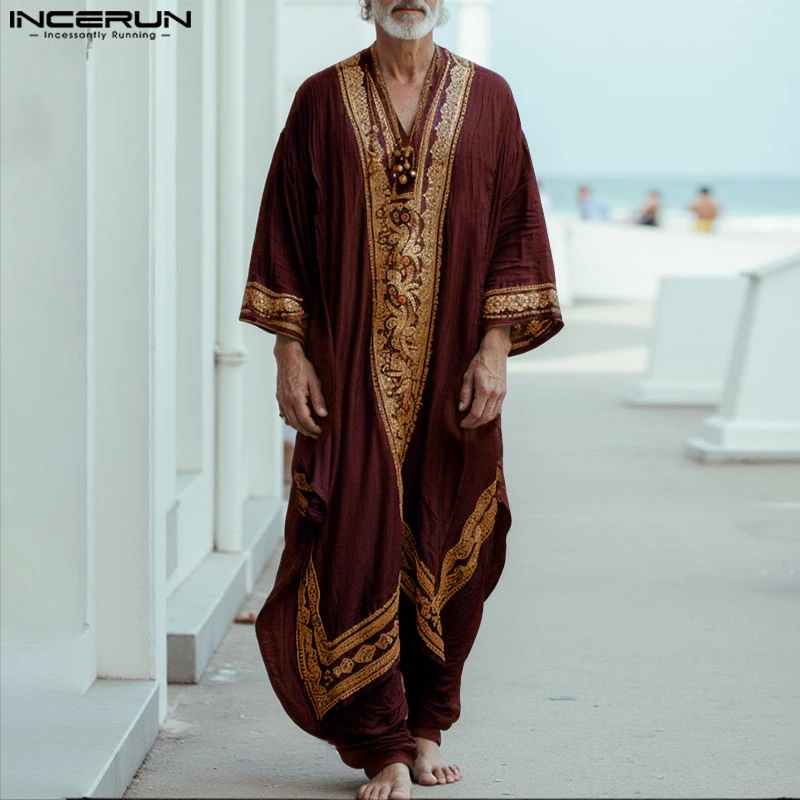 INCERUN Männer Jubba Thobe Druck Patchwork V-ausschnitt Langarm Männliche Roben Muslimischen Kaftan Lose 2025, Arabischen Casual Männer Kaftan Abaya