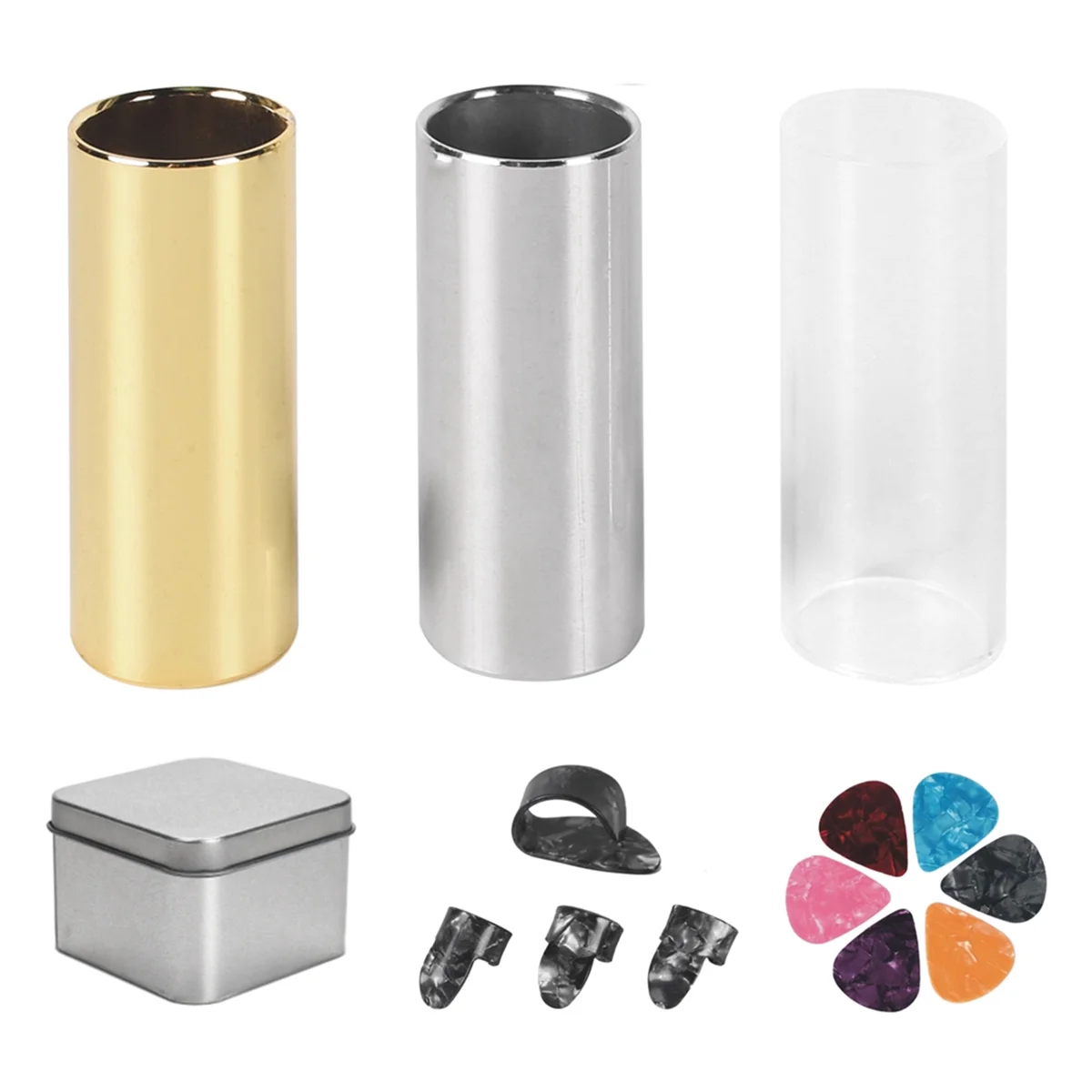 Juego de diapositivas de guitarra A71P de 60mm, diapositivas de dedo de Metal/vidrio de acero inoxidable, 6 uds. De púas de guitarra y 4 púas de dedo, accesorios para guitarra