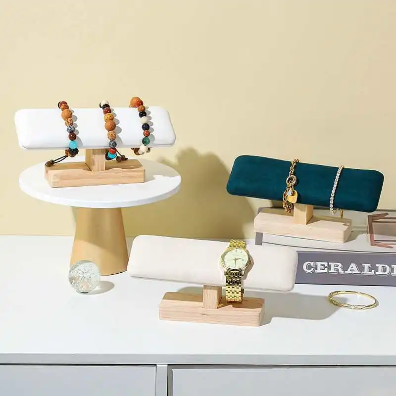 1 PC นาฬิกาไม้ยืนแสดงฐานนาฬิกาสร้อยคอสร้อยข้อมือ Organizer Rack กําไลข้อมือ Scrunchie แถบคาดศีรษะตู้โชว์ยืน