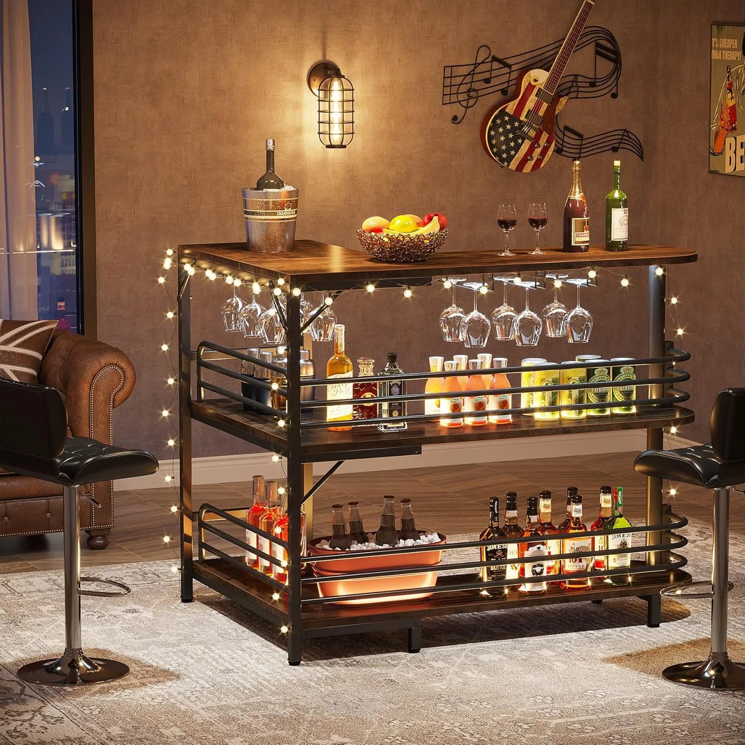 L-Shaped Home Bar Unit, 3 Tier Liquor Bar Table with Storage Shelves and Wine Glasses Holder for Home Kitchen Pub, Rustic Brown