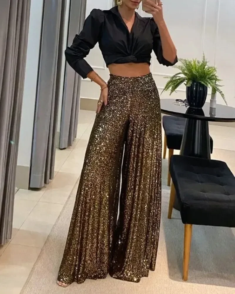 2024 Elegant Shinny Sequin Long Pants Women Fashion High Waist Draped Loose Trousers Spring Autumn Casual Wide Legger Solid Pant