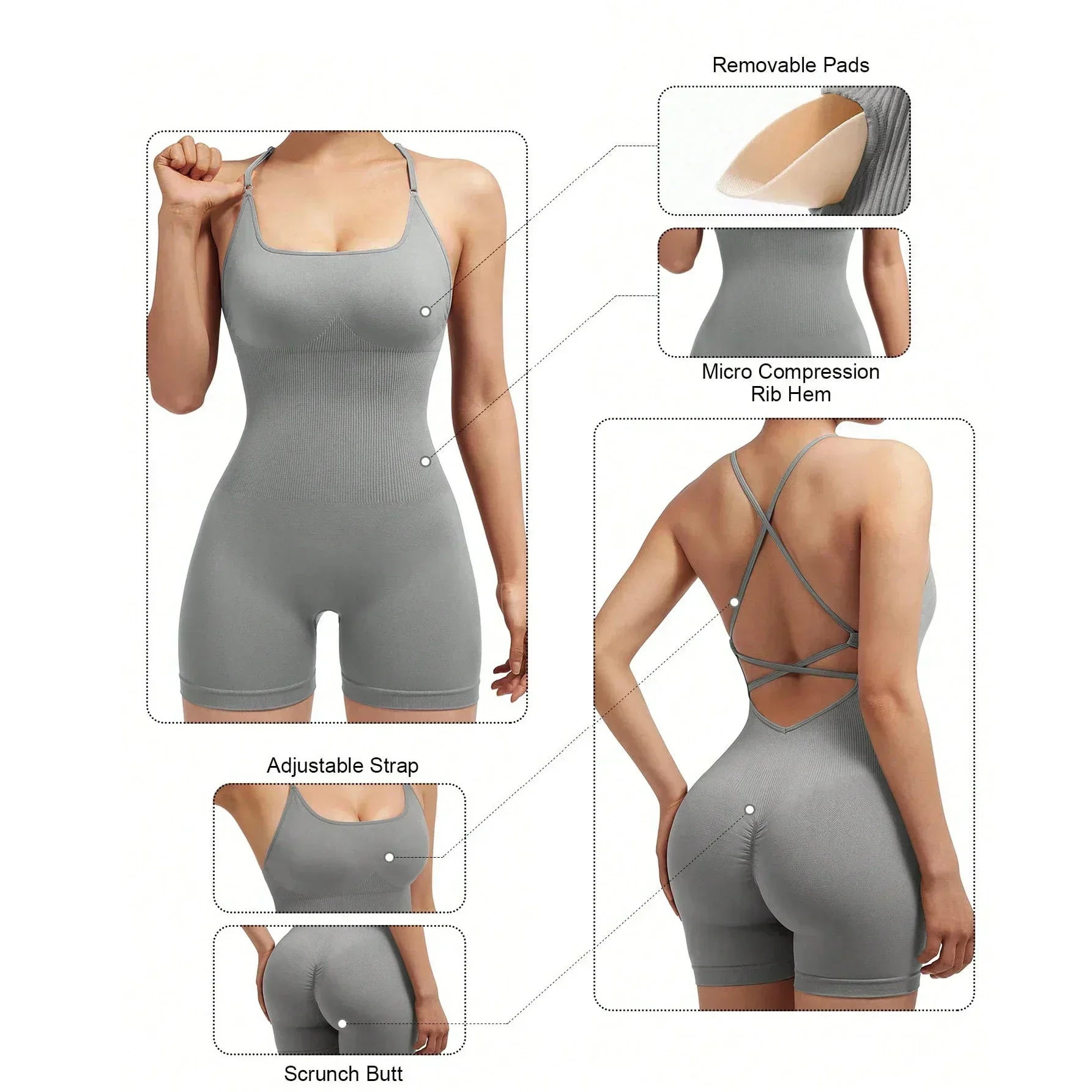 ผู้หญิง Criss Cross Backless Cami กีฬา Romper แขนกุดวิ่งออกกําลังกายโยคะกางเกงขาสั้น Jumpsuits
