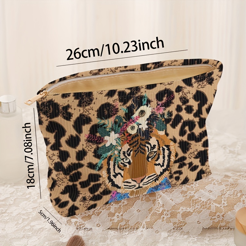 Modische Make-up-Tasche aus Cord mit Tiger-Leopardenmuster und Reißverschluss, leichte, multifunktionale Kosmetik-Aufbewahrungstasche mit Futter