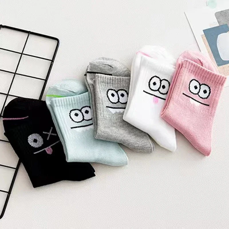 5 pares de calcetines con estampado de expresión linda: cómodos y divertidos calcetines a media pantorrilla, calcetines casuales ricos de algodón para mujer que combinan con todo