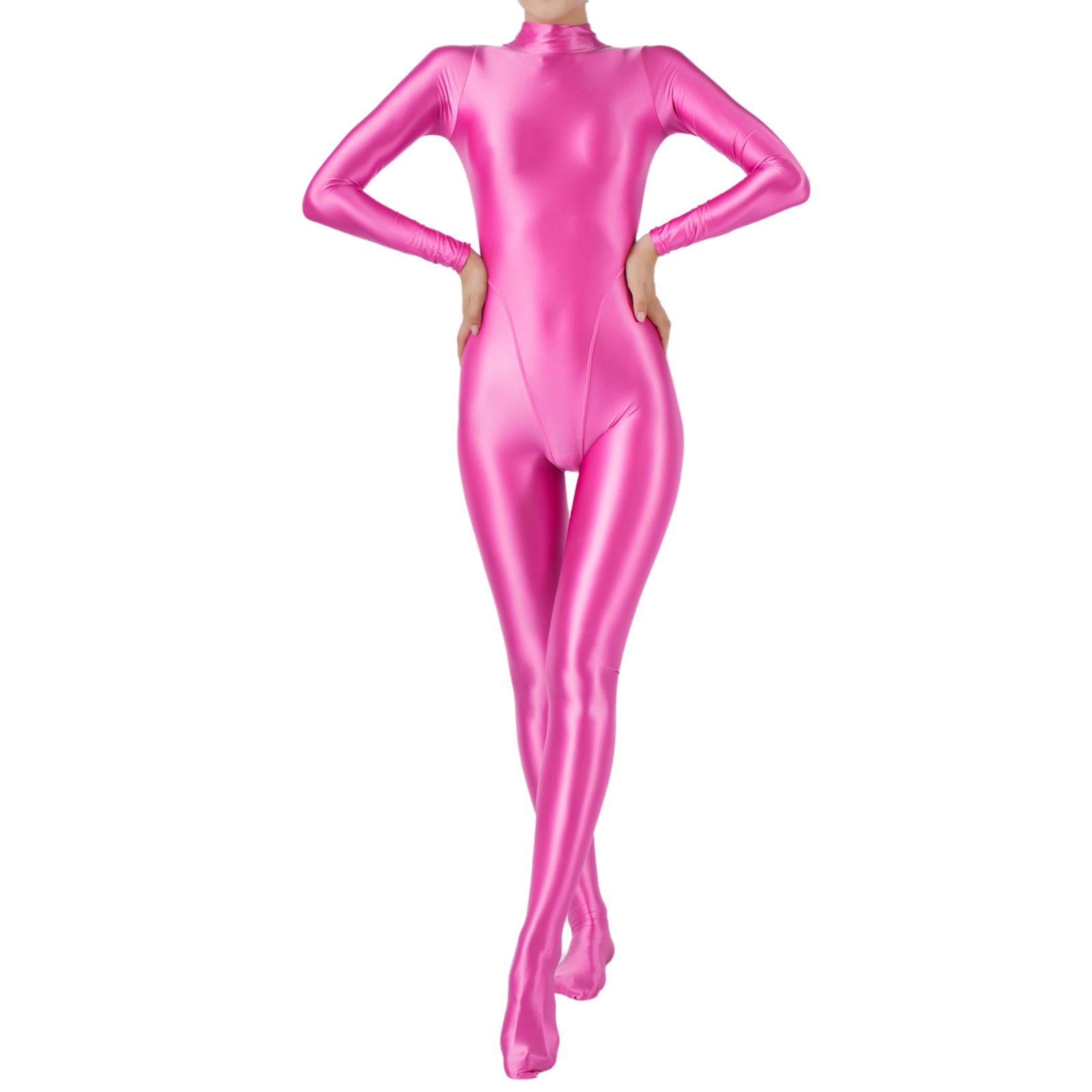 Damen-Overall, ölglänzend, glänzend, Stehkragen, langärmelig, Ganzkörper-Strumpfhose, Body, Fitnessstudio, Workout, Fitness, Yoga, Rashguard-Badeanzug