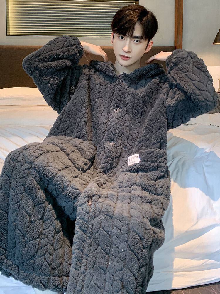 Robe com capuz para homens pijamas roupão de noite de inverno usa pijama de lã quente botão uma peça camisola bolso homewear 2024 novo