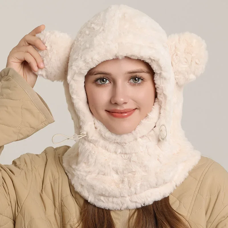 Gorro grueso de felpa cálido para invierno, conjuntos de máscaras y bufanda para mujer, gorro con orejas de oso Kawaii, gorro con protección para los oídos, sombrero bombín para bicicleta a prueba de viento
