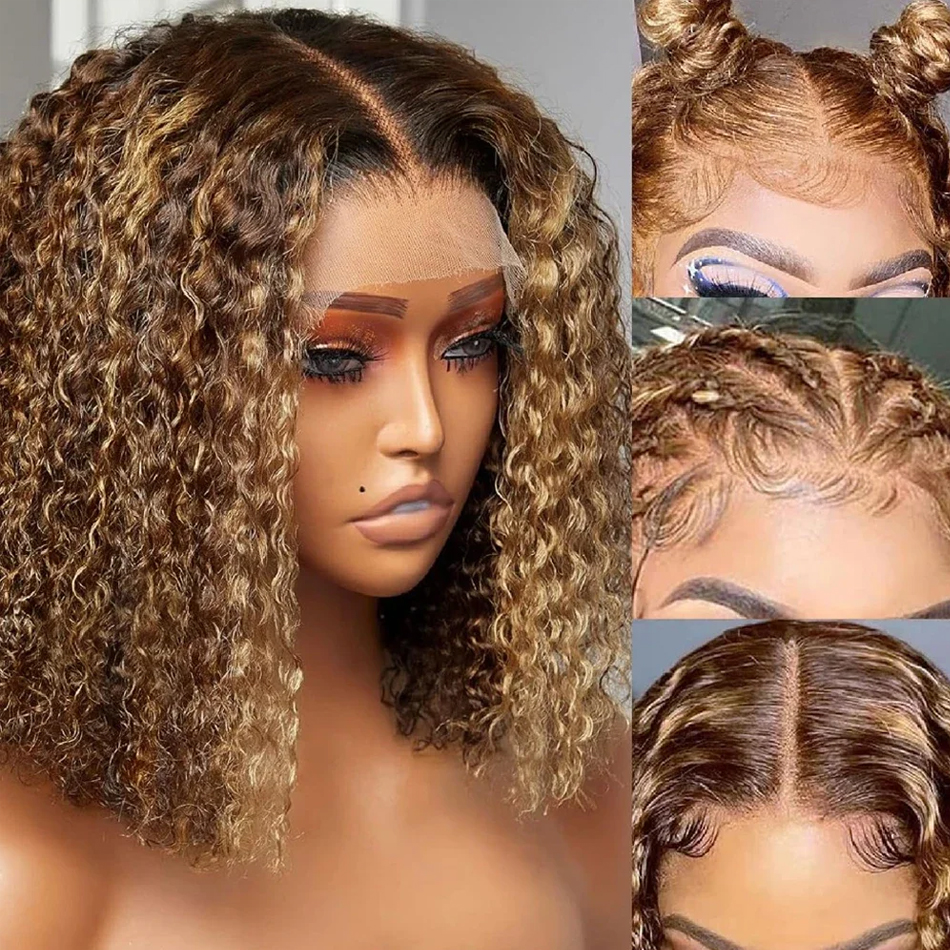 Highlight Echthaar, kurze Bob-Perücke, 13 x 4 Spitze-Front-Perücke, lockig, tief gewellt, vorgezupft, transparente Spitze-Frontal-Perücke, 250 Dichte