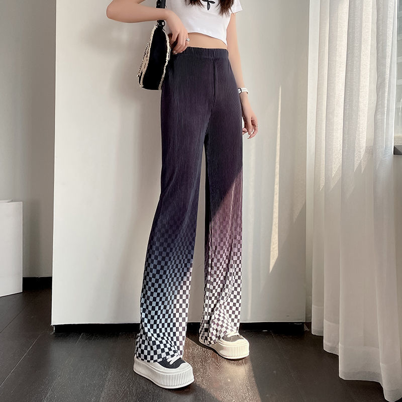 Frauen Mode Gradienten Plaid Print Lose Gerade Breite Bein Hosen Casual Sommer Oversize Komfortable Trend Hip Hop Kleidung