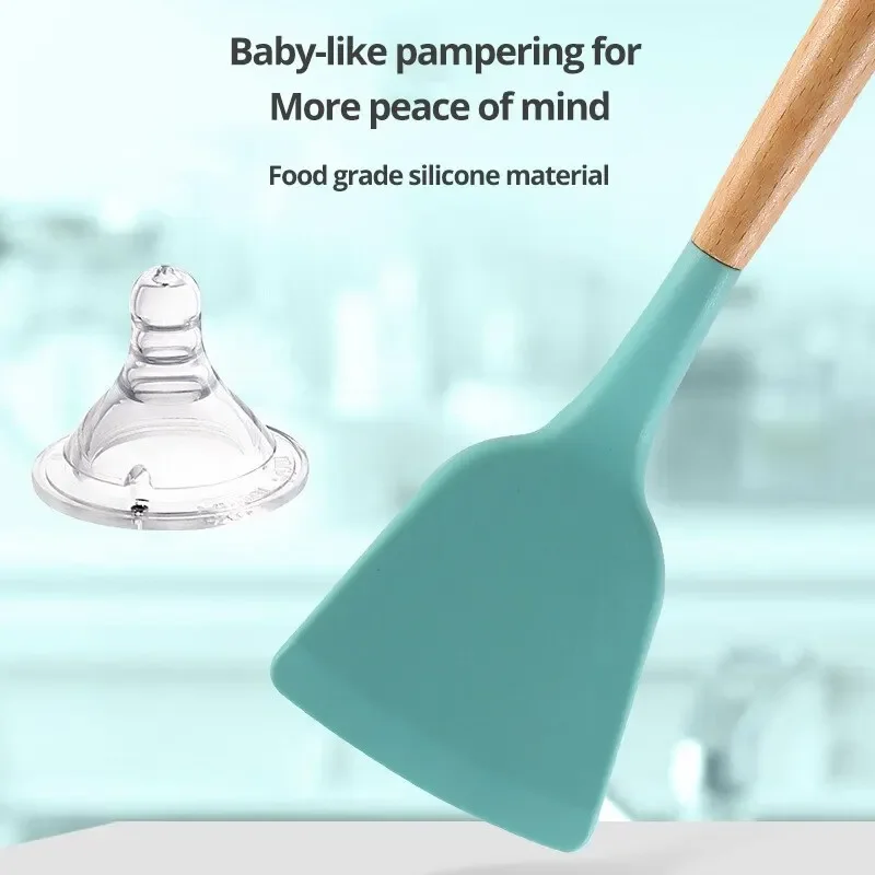 12 ชิ้น/เซ็ตไม้ Handle ซิลิโคนเครื่องครัวพร้อมถังเก็บอุณหภูมิสูงและ Non Stick หม้อไม้พายช้อน