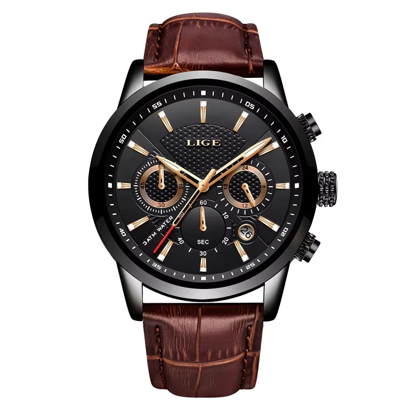 LIGE hommes montres de luxe étanche militaire Sport homme montre chronographe en cuir véritable hommes Quartz montre-bracelet Relogio Masculino