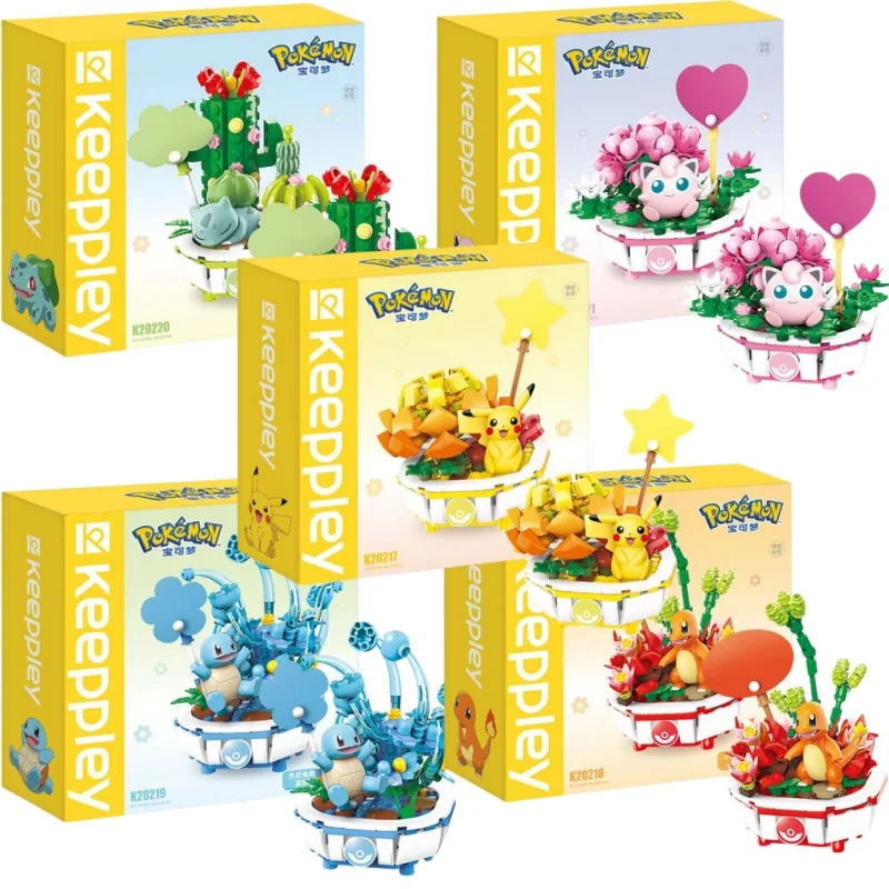Anime Pokemon Building Block Figure Toys Pikachu Charmander Squirtle Cartoon Model Home Decoration Plant Potted Flower Brick Toy