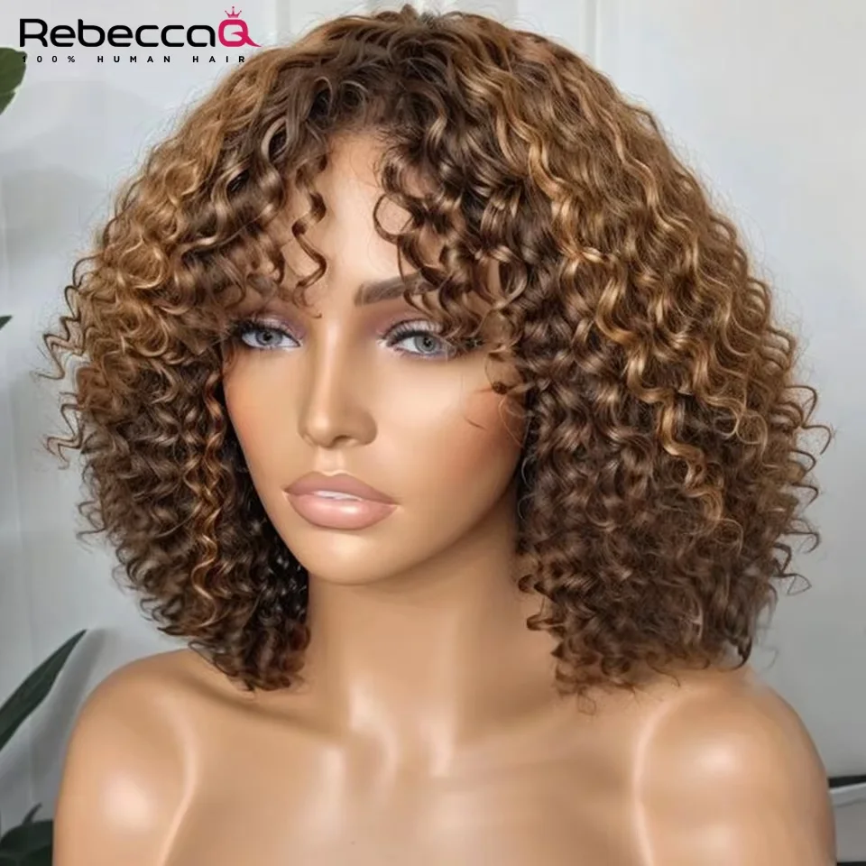 Curto encaracolado bob perucas de cabelo humano com franja completa máquina feita perucas destaque mel loira perucas coloridas para mulheres barato remy cabelo