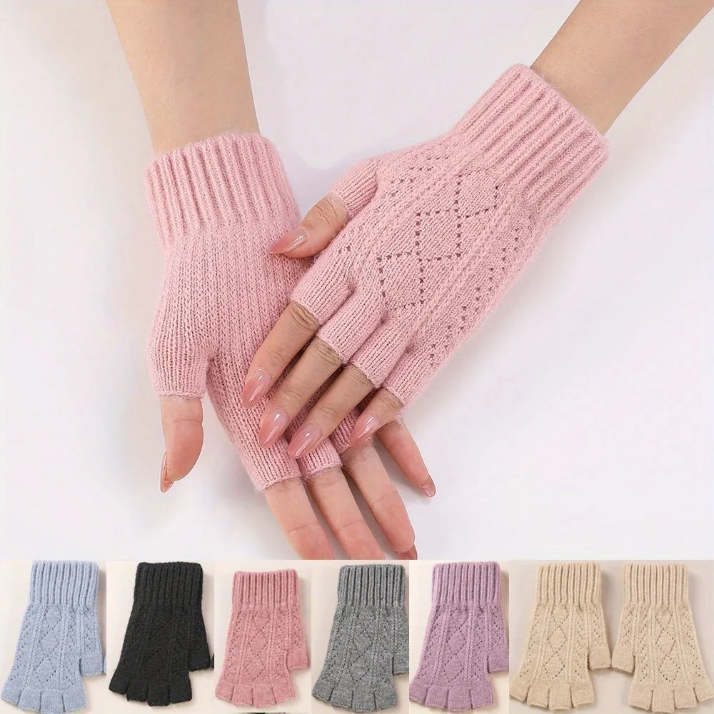 Mink ขนแกะนุ่มฤดูหนาว Half Finger ถุงมือผู้หญิงหรูหราสีขาว Plush ถัก Fingerless ถุงมือนาฬิกาข้อมือ Mittens การเขียน