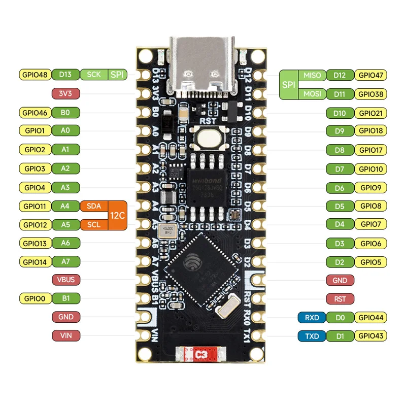 Placa de desarrollo Waveshare ESP32-S3-Nano basada en ESP32-S3R8 para Arduino