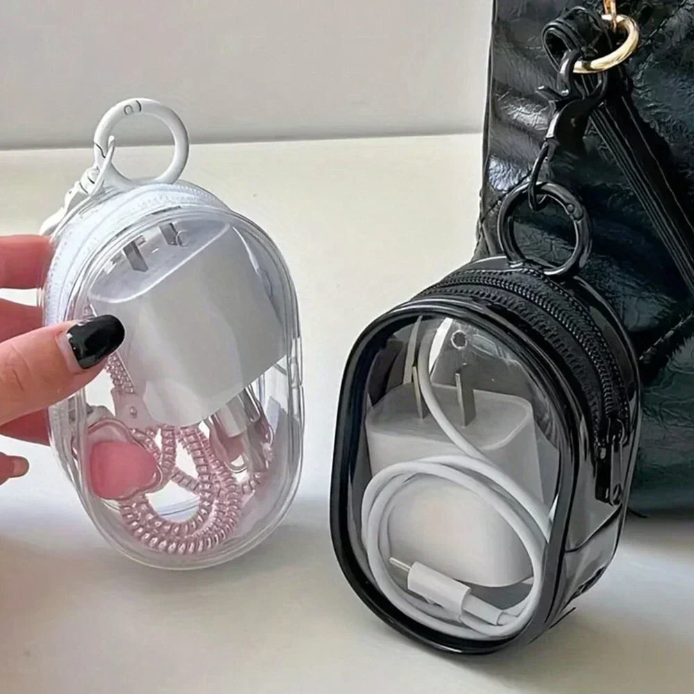 Portable Mini Transparent Storage Bag with Zipper Multifunctional Headphone and Charger Case Travel Accessories with Keychain