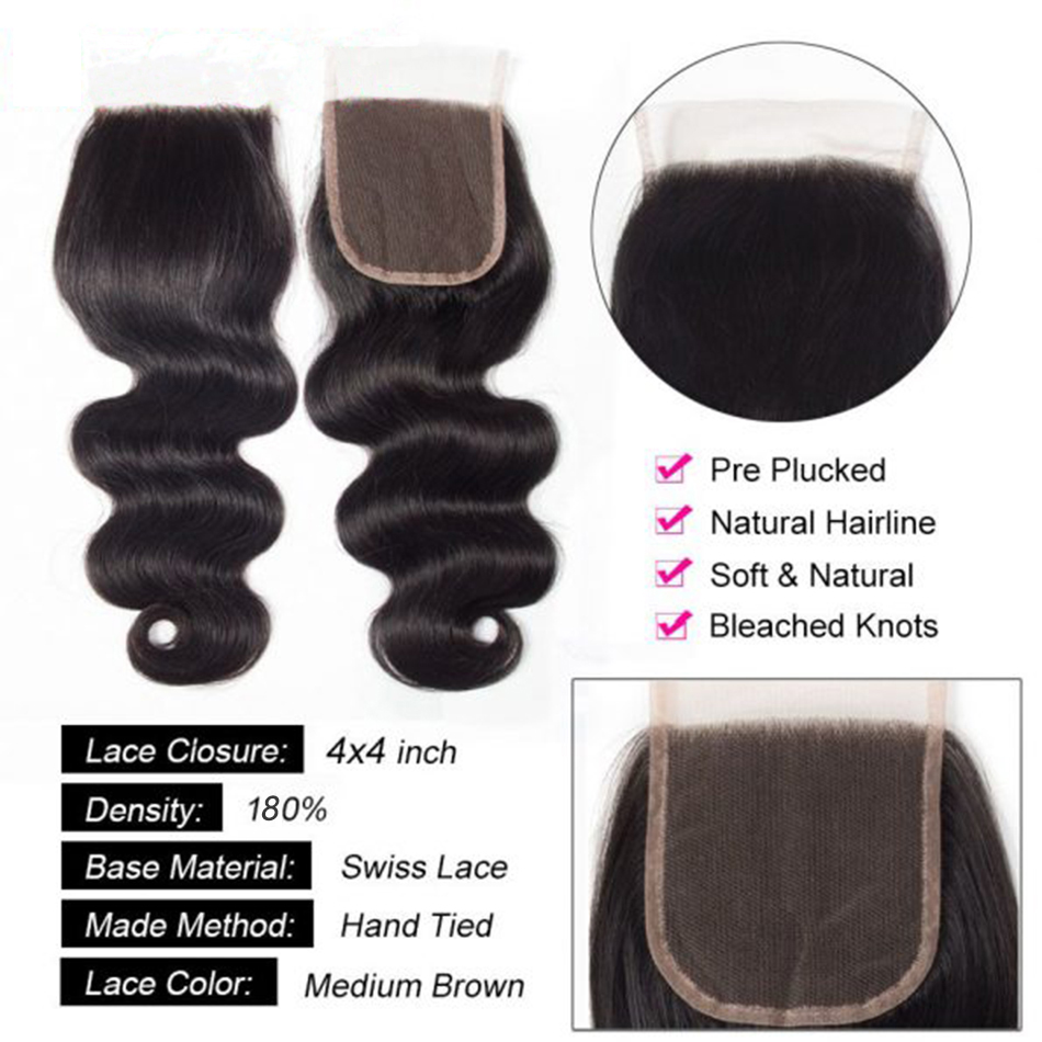 Onda do corpo peruano pacotes com fechamento frontal 4x4 transparente natural virgem extensões de cabelo humano atacado pacotes tecer