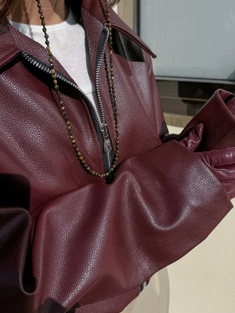 女性用長袖PUレザージャケット,ヴィンテージポケットジッパー,オートバイのアウター,女性用コート,ワインレッド,折りたたまれた,女性用,ストリート,2024