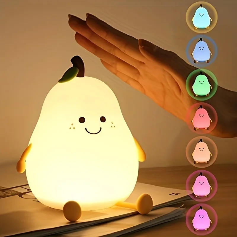 Luz nocturna de pera bonita, luz nocturna regulable de 7 colores con control táctil, lámpara de silicona reductora de estrés, recargable por USB, 1 ud.