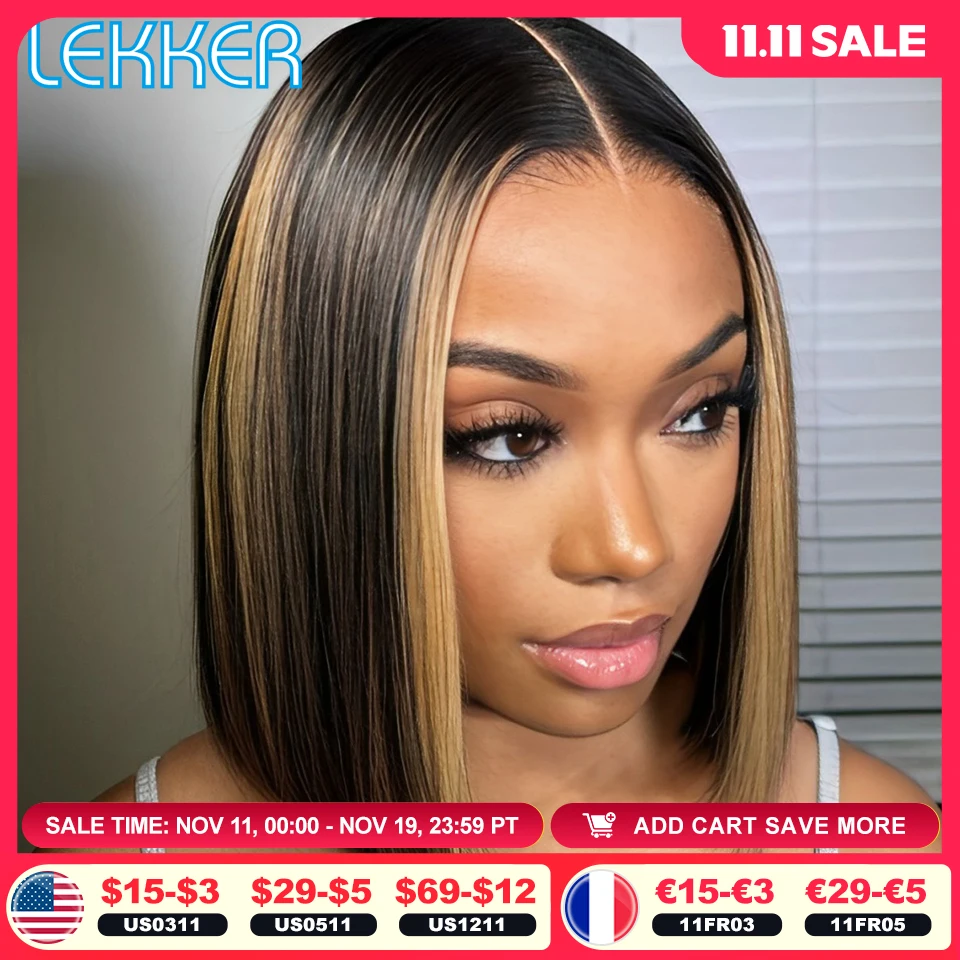 Lekker Highlight Brown Short Straight Bob 13x1 T Part Lace Front 100% Human Hair Wigs For Women Brazilian Remy Hair Clearance
