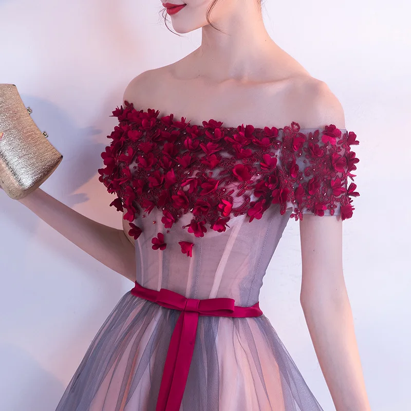 สูงต่ำใหม่ดอกไม้ชุดเดรสเพื่อนเจ้าสาว Elegant เรือคอสั้นแขนไข่มุก Robe De Soiree ชุดเจ้าหญิง