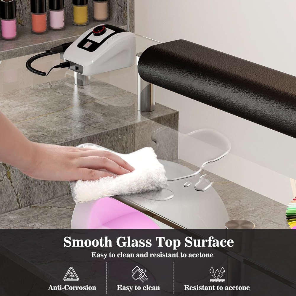 Manicure Table, Glass Top Nail Tech Table Nail Desk Station for Nail Tech w/Shelves, Wrist Cushion, Lockable Wheels