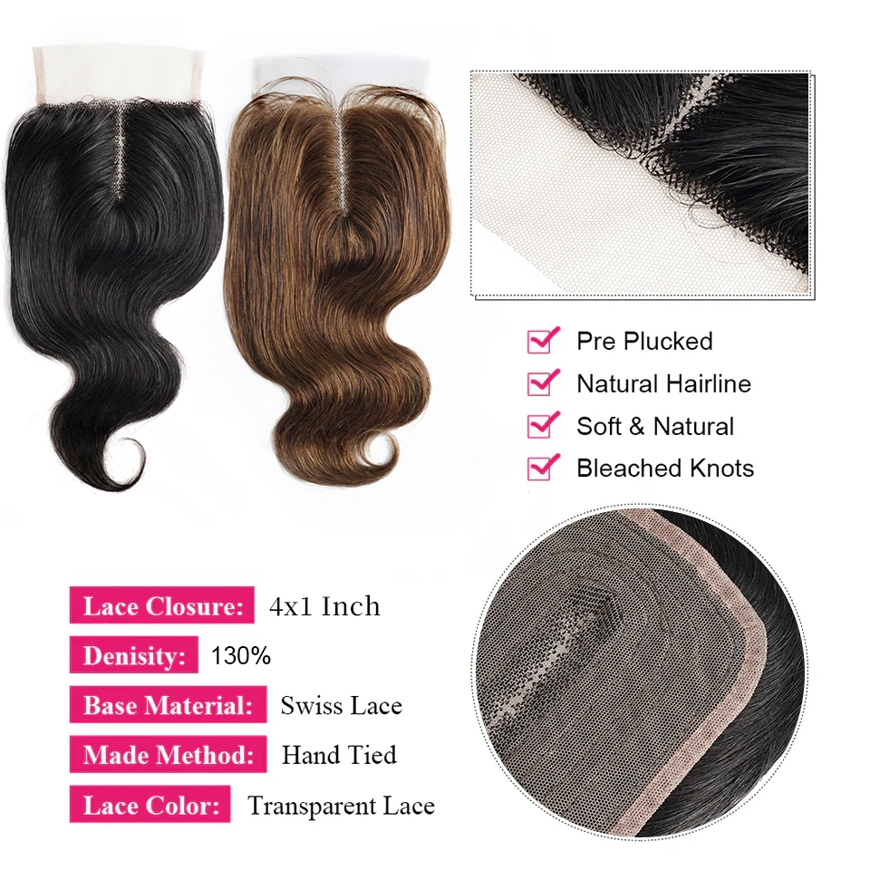 4x1 Hd Lace Closure Ludzkie Włosy Body Wave Przedziałek na Środku 10-20 Cali Naturalny Czarny Ciemny Brąz Ombre Brąz Remy Ludzkie Włosy Lace Closure