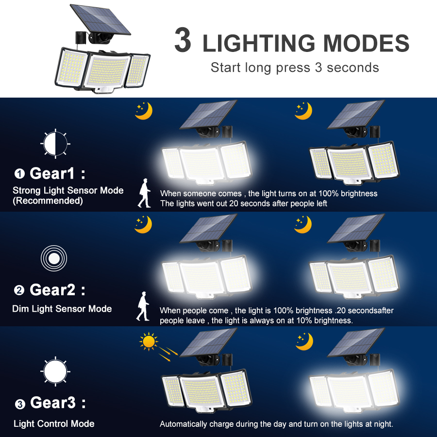 Lâmpada solar ao ar livre com sensor de movimento, 238 LED, 328, lâmpada de parede, holofotes IP65 impermeáveis, 3 modos, iluminação publica, decoração do jardim