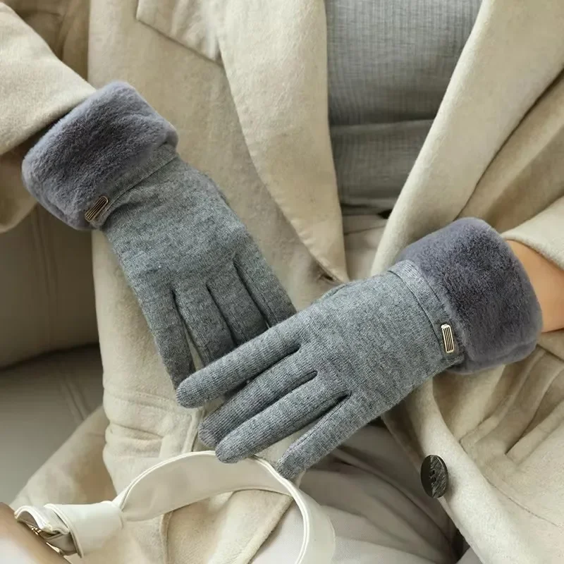 ผู้หญิงฤดูหนาว Keep Warm Plus กํามะหยี่หน้าจอสัมผัส Thicken Plush ถุงมือหนังนิ่มแฟชั่นบุคลิกภาพ Elegant Drive ขี่จักรยาน