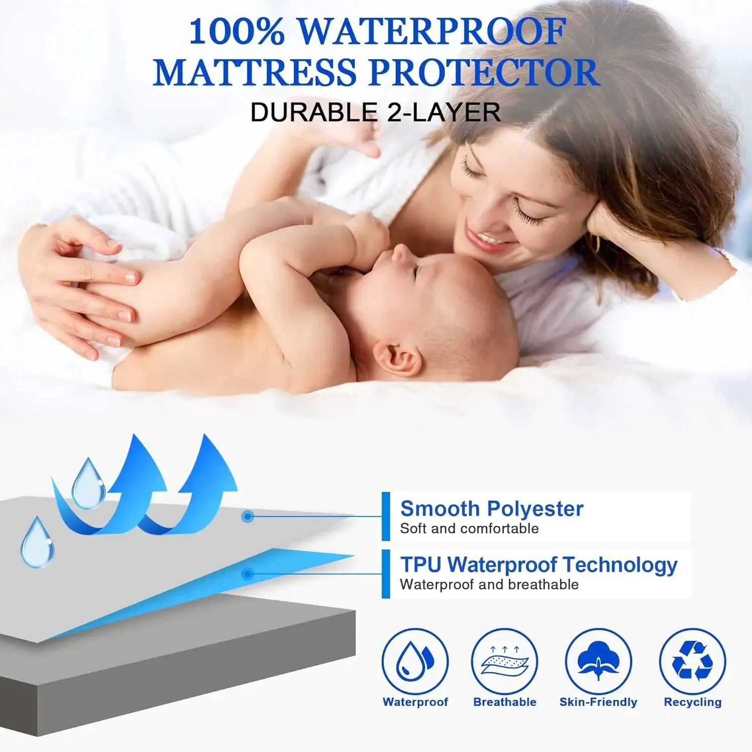 Protector de colchón impermeable seguro, Funda de colchón de color sólido transpirable suave cómoda, lavable a máquina