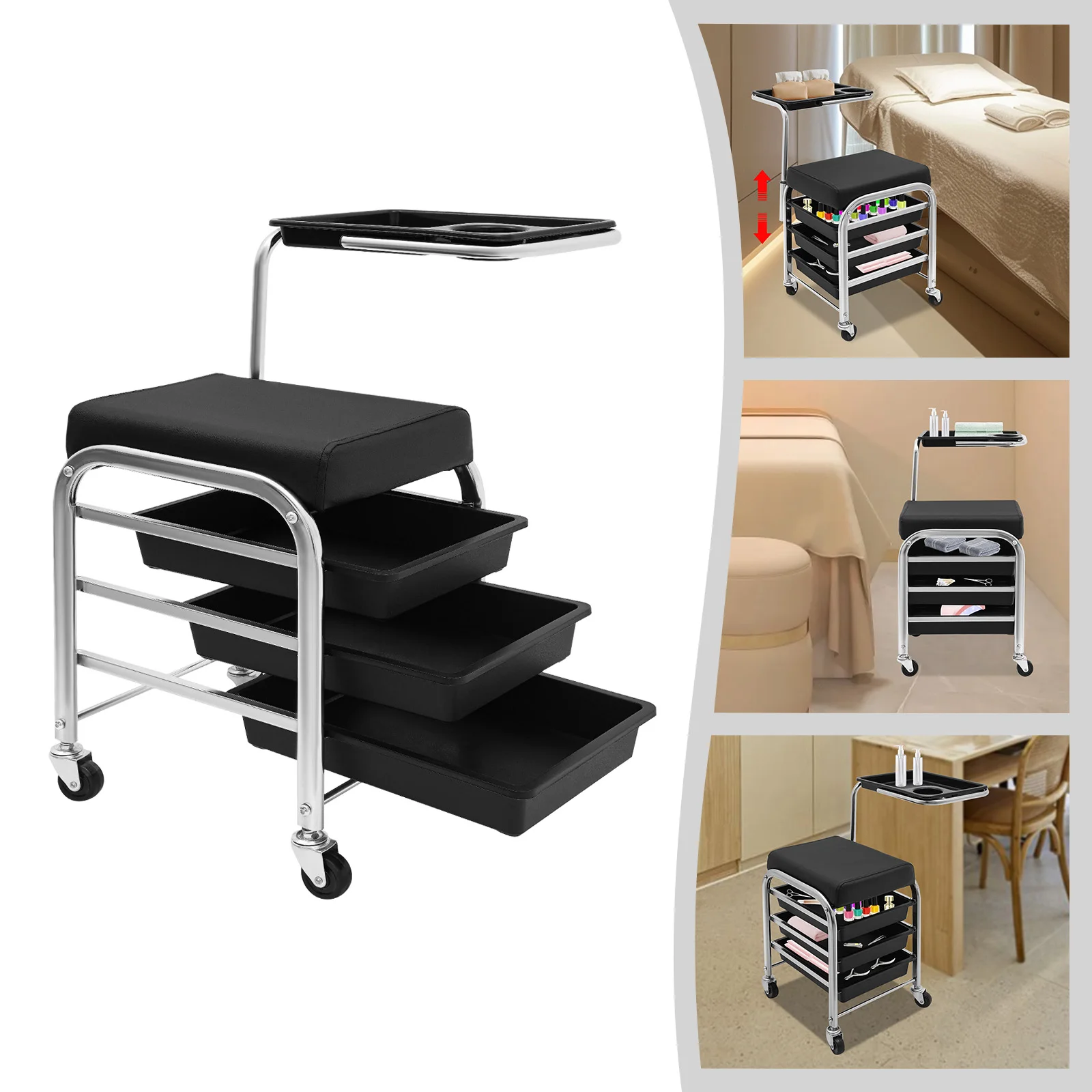 Tragbarer Maniküre-Nageltisch auf Rädern, Schönheitsstuhl mit drei Werkzeug-Organizer-Schubladen, professioneller Salon-Trolley-Wagen