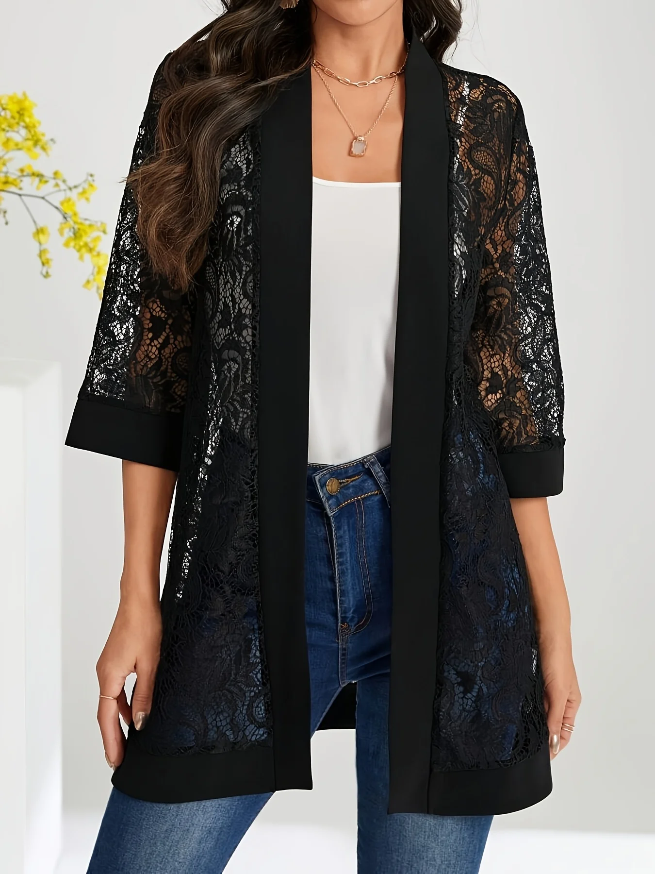 Grote maten kanten jas voor dames Zwart bloemenpatroon Casual stijl Medium stretchstof Alle seizoenen vest met bloemenpatroon