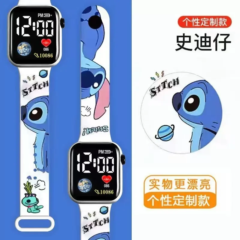 Disney's new Stitch การ์ตูนสีพิมพ์นักเรียน LED นาฬิกาอิเล็กทรอนิกส์แฟชั่นพิมพ์สแควร์ Y1 ปุ่มนาฬิกาอิเล็กทรอนิกส์