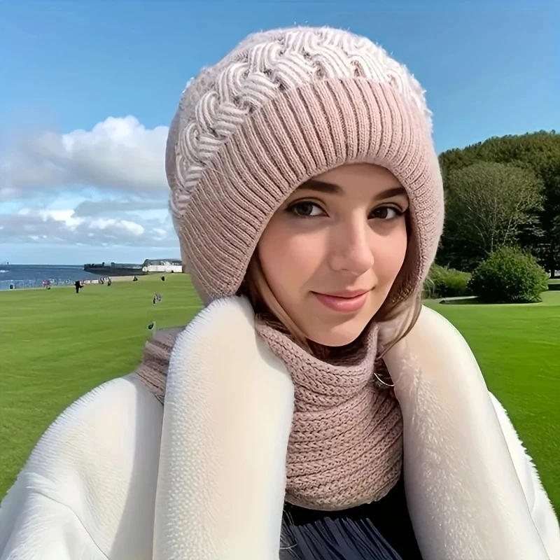 Cappello e sciarpa in uno, cappello invernale da donna caldo e versatile in lana autunnale e invernale, versione coreana alla moda con pulci aggiunti