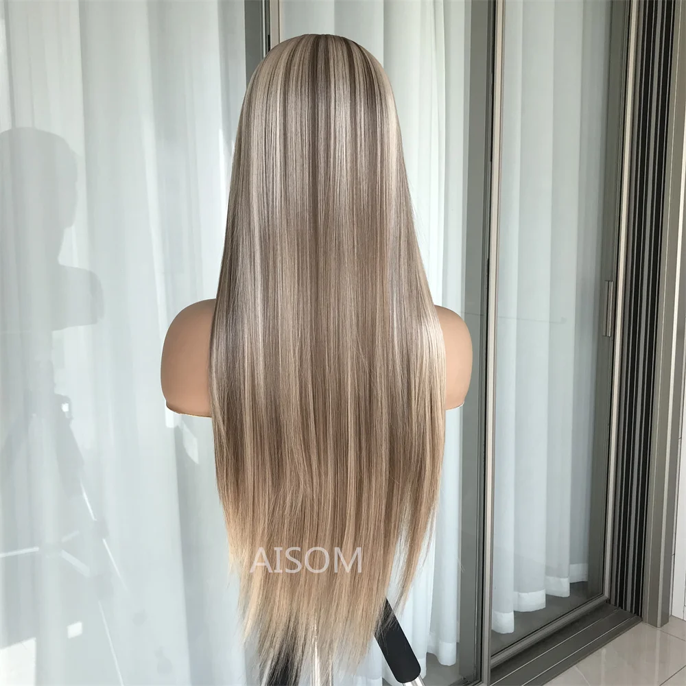 Peluca con malla Frontal 13x4, pelucas de encaje sintético marrón resaltado para mujeres, pelucas frontales de encaje recto prearrancadas de 24 pulgadas, Rubio para uso diario