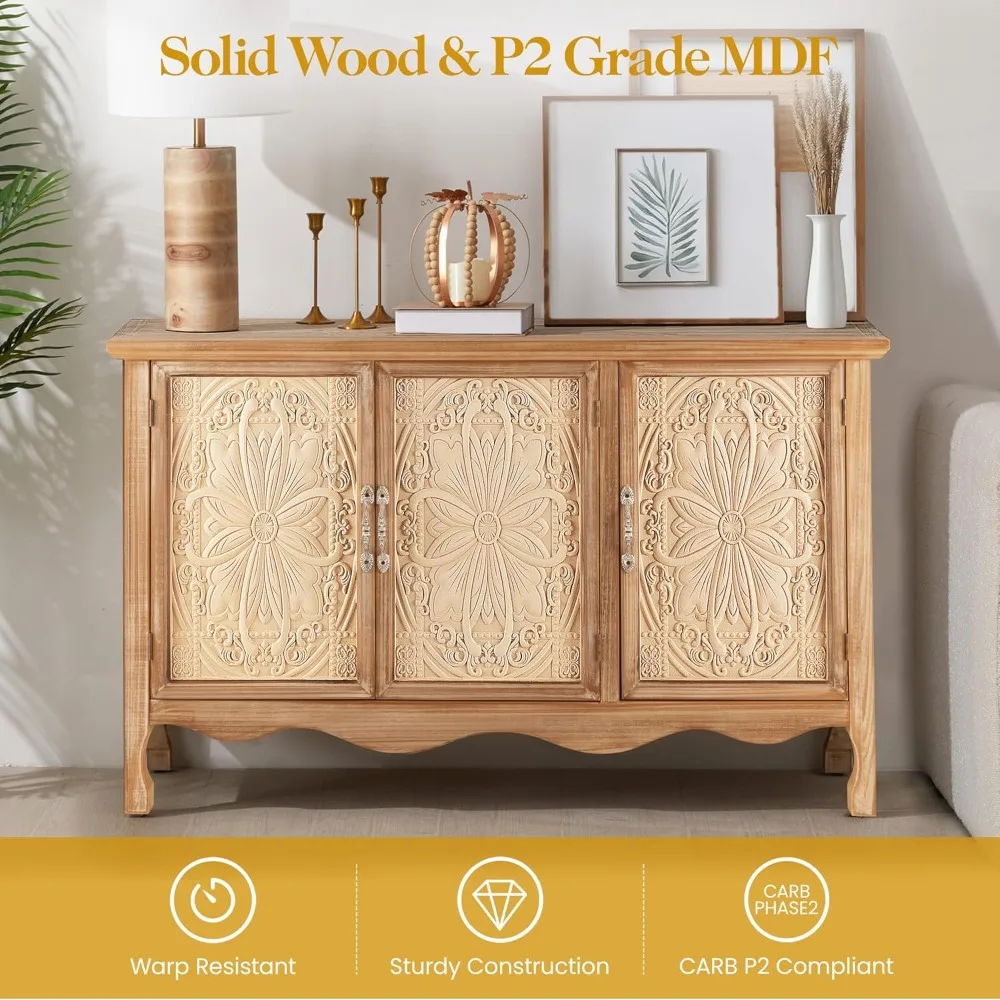 Farmhouse Sideboard Buffet Cabinet with Storage, 49" Solid Wood Credenza Buffet Table Coffee Bar Wine Bar Storage Cabnet