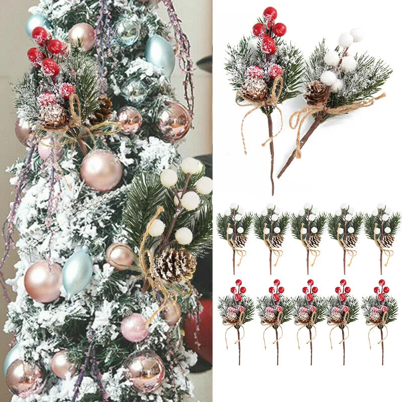 5 uds. De bayas rojas de Navidad, flor artificial, rama de cono de pino, adornos para árboles de Navidad, embalaje de regalo, corona DIY para el hogar