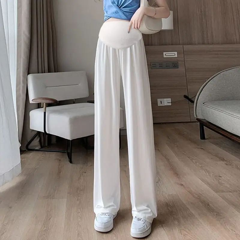 Summer Women's Maternity with Pockets Large Size Maternity Trousers Outside Wearing Thin Section of Ice Silk Draped Wide-Legged