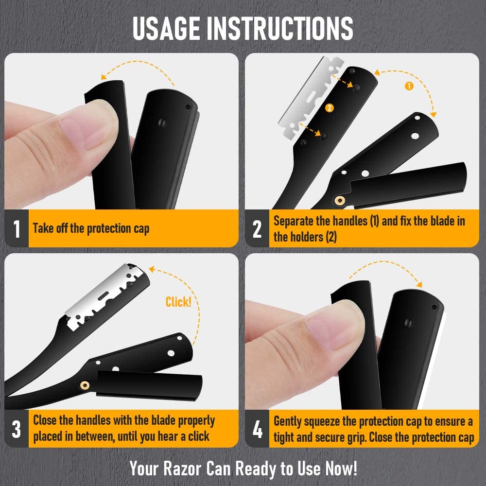 Maquinilla de afeitar para peluquero para hombre, cuchillo de afeitar plegable clásico negro, afeitadora de pelo púbico para axila, soporte de maquinilla de afeitar recta de acero inoxidable