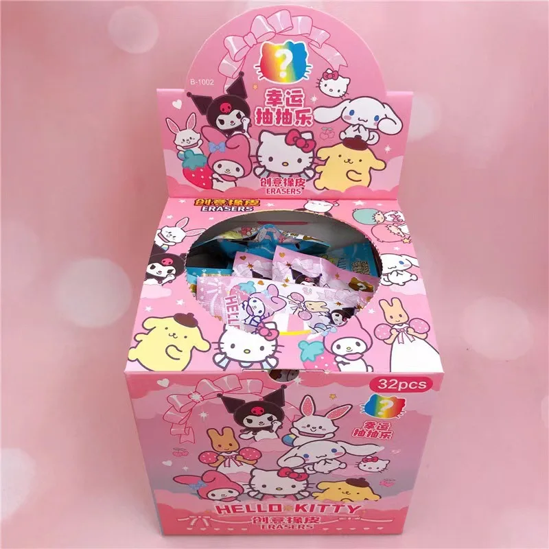 32 szt. Gumki do mazania w pudełku niespodziance, kreskówkowe, urocze kotki, My Melody, Kuromi, Kot KT, gumki do mazania w pudełku niespodziance, artykuły papiernicze dla uczniów, prezent urodzinowy