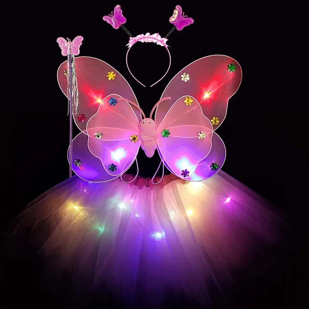 3/4ชิ้น/เซ็ต LED เด็กผู้หญิงสองชั้นสะท้อนแสงนางฟ้าผีเสื้อปีกไม้กายสิทธิ์ตกแต่งฮาโลวีนของขวัญของเล่น