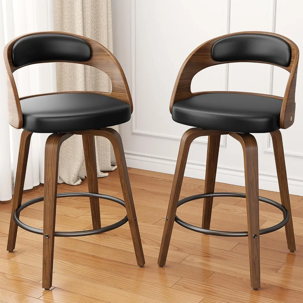Swivel Bar Stools Set of 4, 26" Counter Height Bentwood Barstool, Mid-Century Modern PU Leather Upholstered Bar Chair with Back