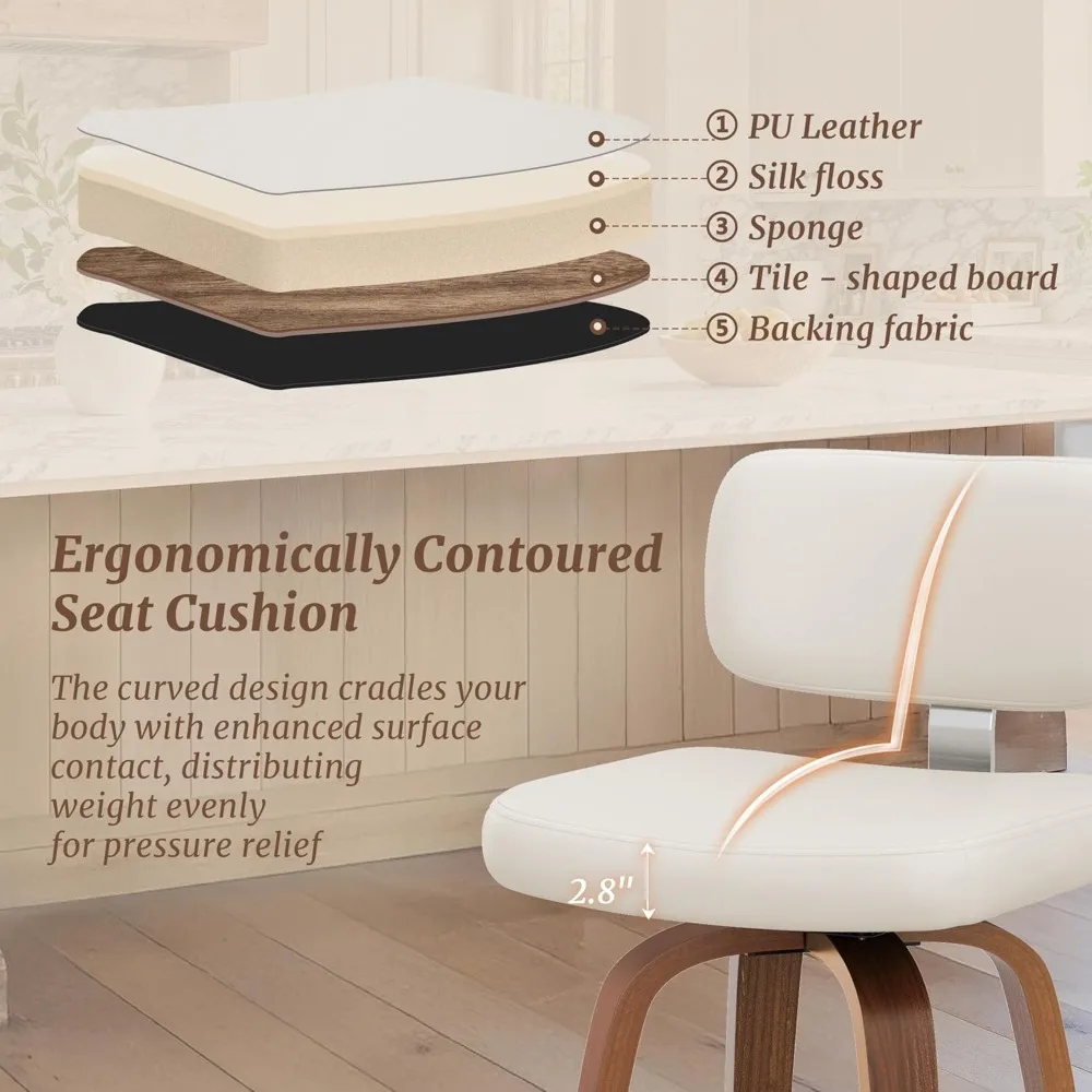 Swivel Counter Height Bar Stools Set of 3, 26" Upholstered Seat Barstools with Back Walnut Wood Legs, Mid-Century PU Leather Bar