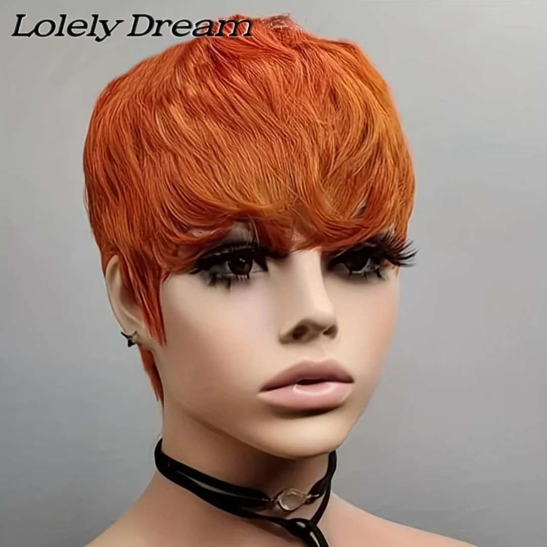 ขิงสีสั้นวิกผมเปรูกับ Bangs สีส้มเต็มรูปแบบสั้น Pixie ตัด Bob วิกผม 100% วิกผมมนุษย์