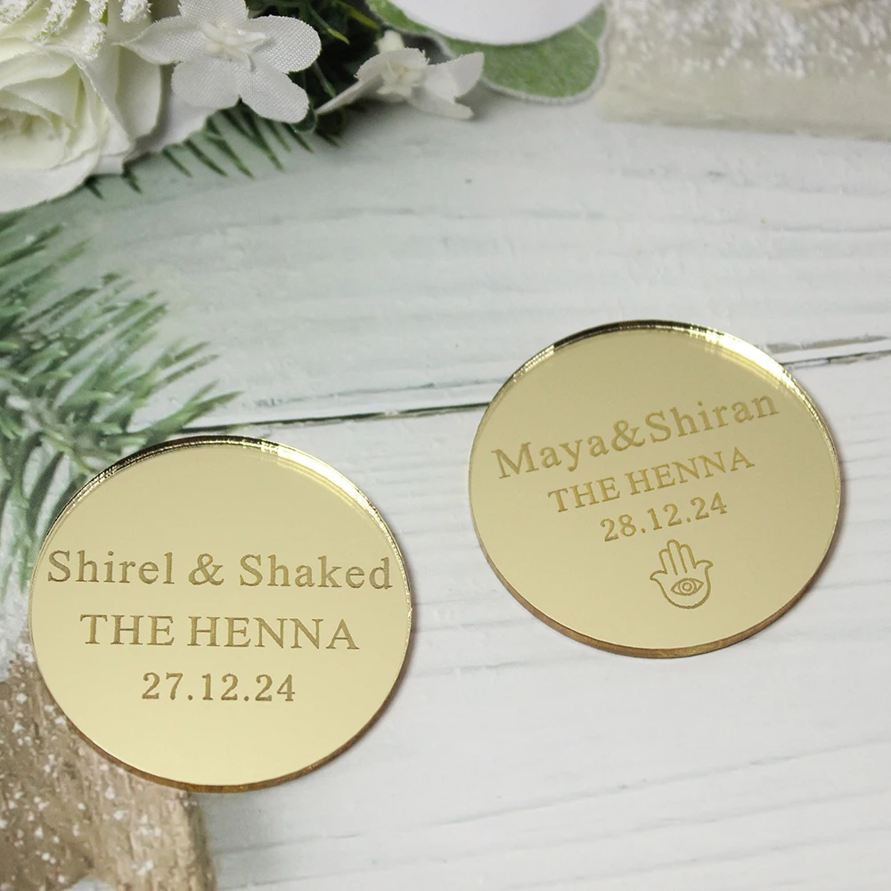 30/50/100 Uds. Etiquetas acrílicas grabadas personalizadas para fiesta de Henna etiquetas de nombre de boda adornos para magdalenas etiquetas circulares para el día del Henna