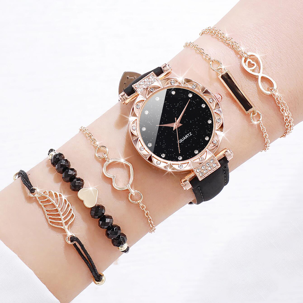 6 шт./компл. женские модные часы, набор простых кожаных кварцевых часов с простым циферблатом и браслетом Love Leaf
