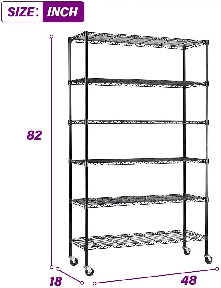 48"L×18"W×82"H Wire Shelving Unit Storage Cart Metal Shelf Rolling Utility Cart 2100Lbs Capacity with 6 Tier Casters Adjustable